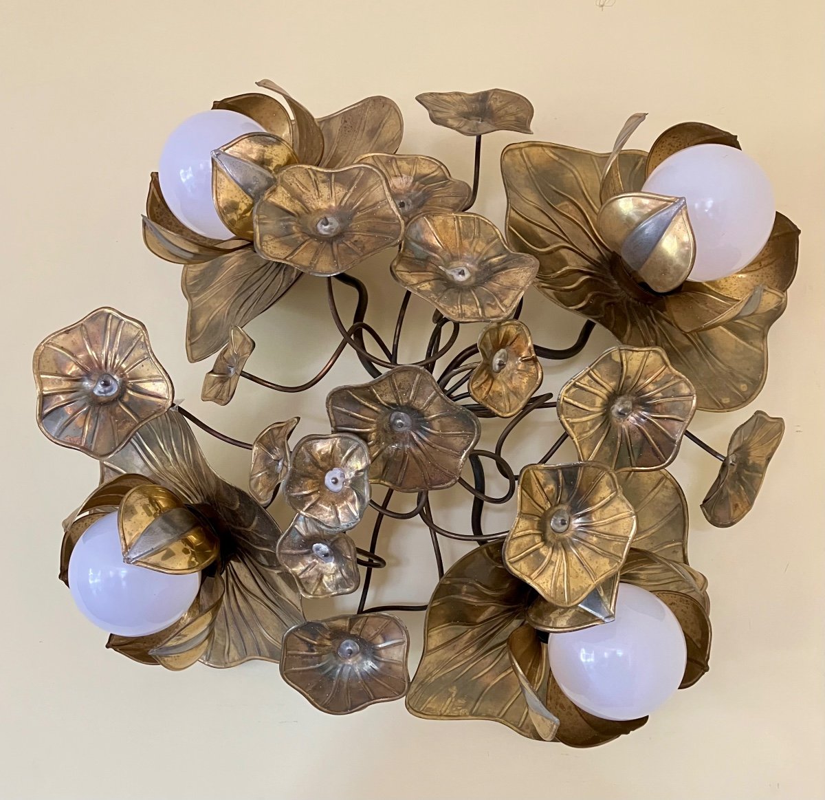 Maison Jansen Pair Of 4-light Flower Ceiling Or Wall Lights Foliage Chandeliers Brass -photo-2