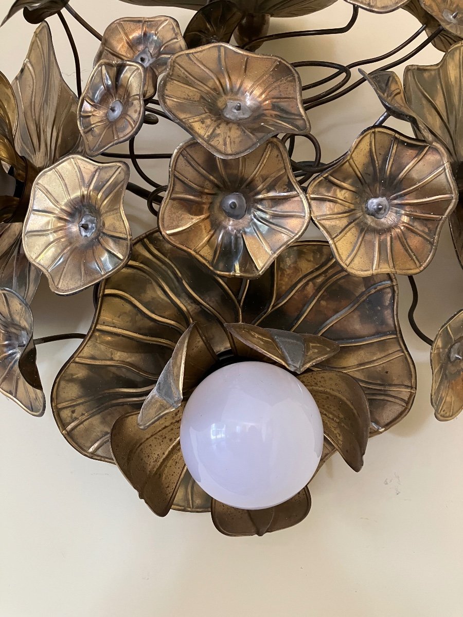 Maison Jansen Pair Of 4-light Flower Ceiling Or Wall Lights Foliage Chandeliers Brass -photo-4