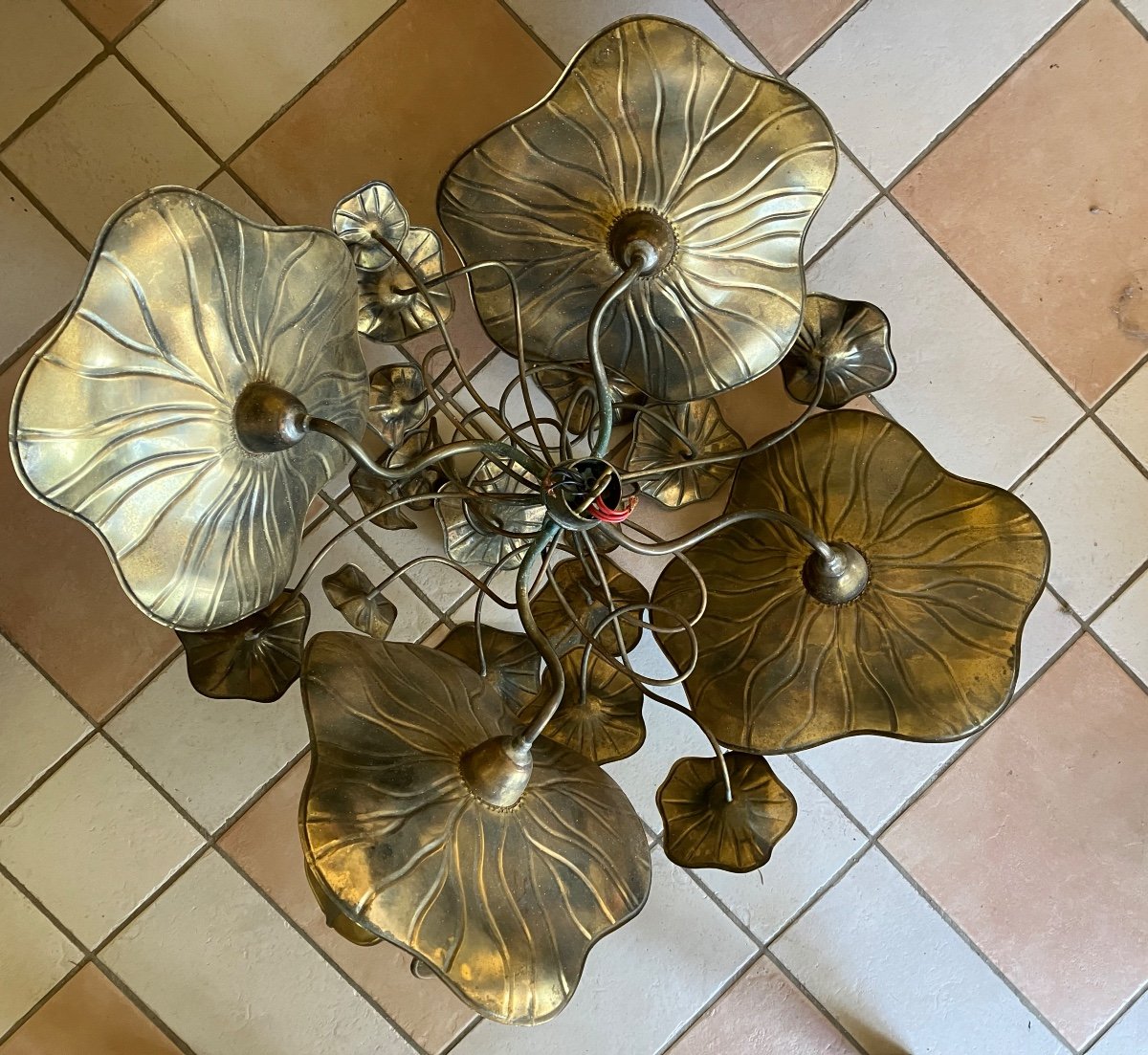 Maison Jansen Pair Of 4-light Flower Ceiling Or Wall Lights Foliage Chandeliers Brass -photo-6