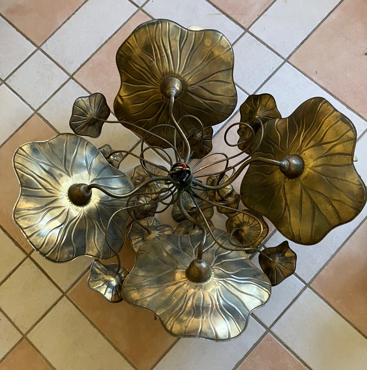 Maison Jansen Pair Of 4-light Flower Ceiling Or Wall Lights Foliage Chandeliers Brass -photo-7