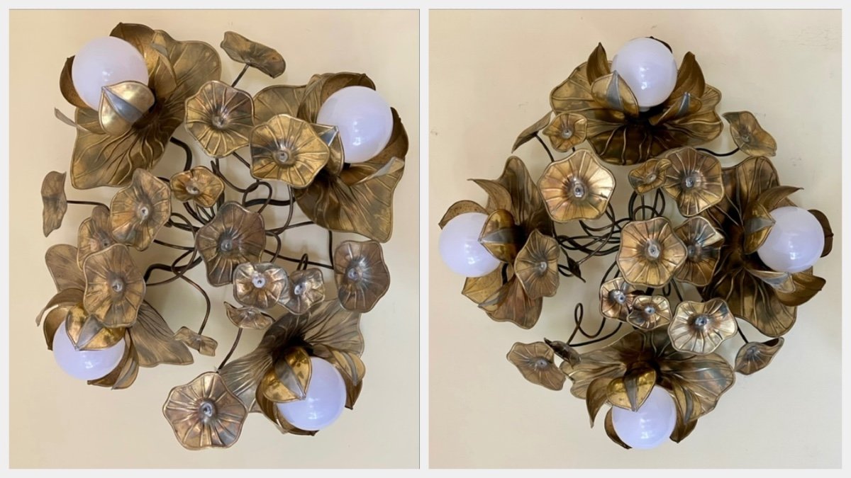 Maison Jansen Pair Of 4-light Flower Ceiling Or Wall Lights Foliage Chandeliers Brass 