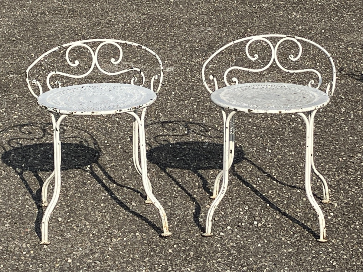 Set Of 6 Wrought Iron Garden Chairs With Low Backs Stools Armchairs -photo-2