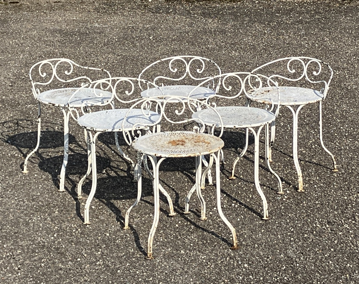 Set Of 6 Wrought Iron Garden Chairs With Low Backs Stools Armchairs 