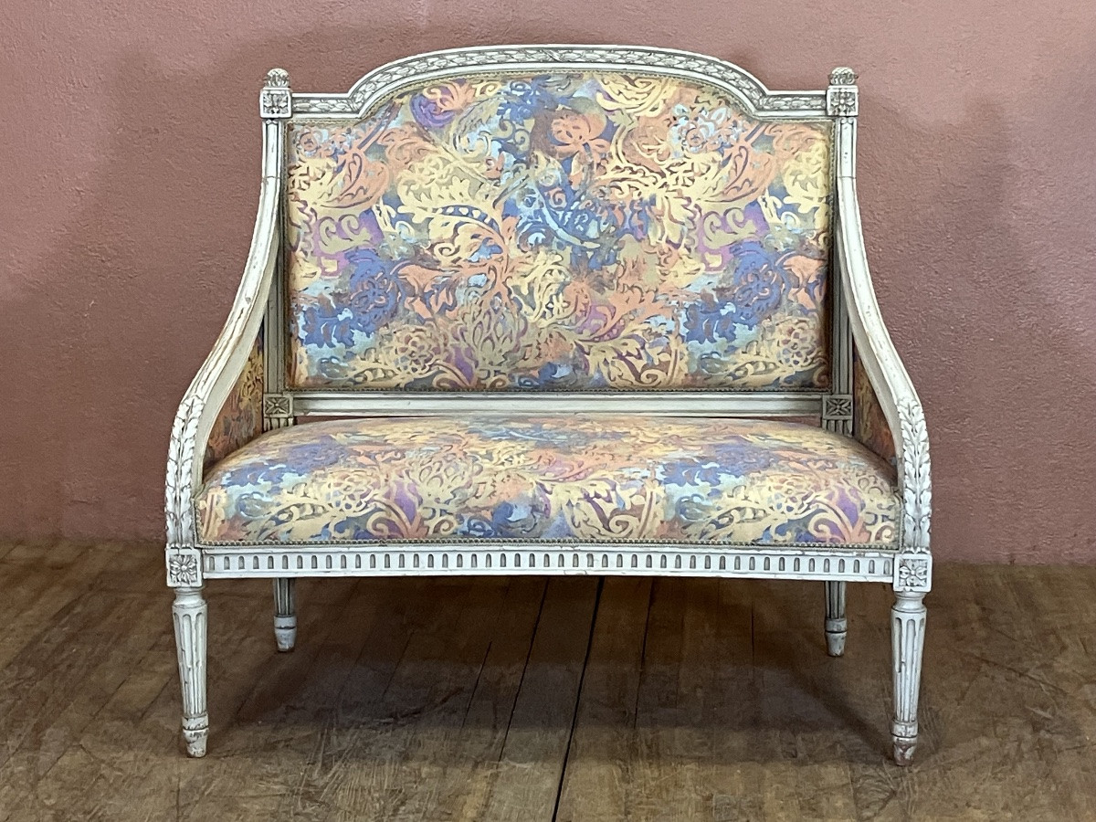 Petit Canapé Marquise Bergère Louis XVI Bois Laqué -photo-4