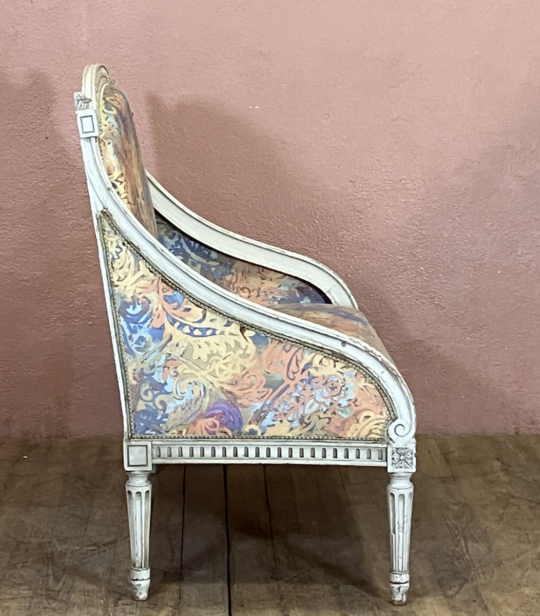 Petit Canapé Marquise Bergère Louis XVI Bois Laqué -photo-1