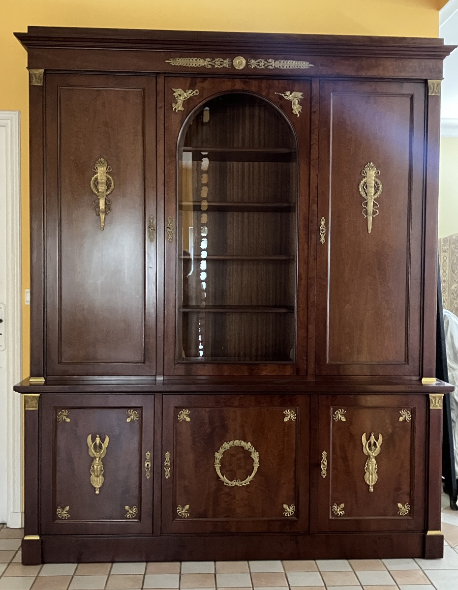 Large Empire Style Bookcase In Mahogany And Gilded Bronze, Fully Dismountable -photo-2