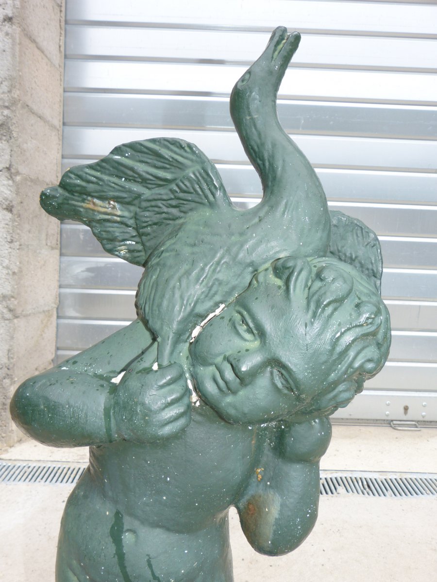 Statue Of Garden Cast Iron Cherub Cygnus 19th Time-photo-3