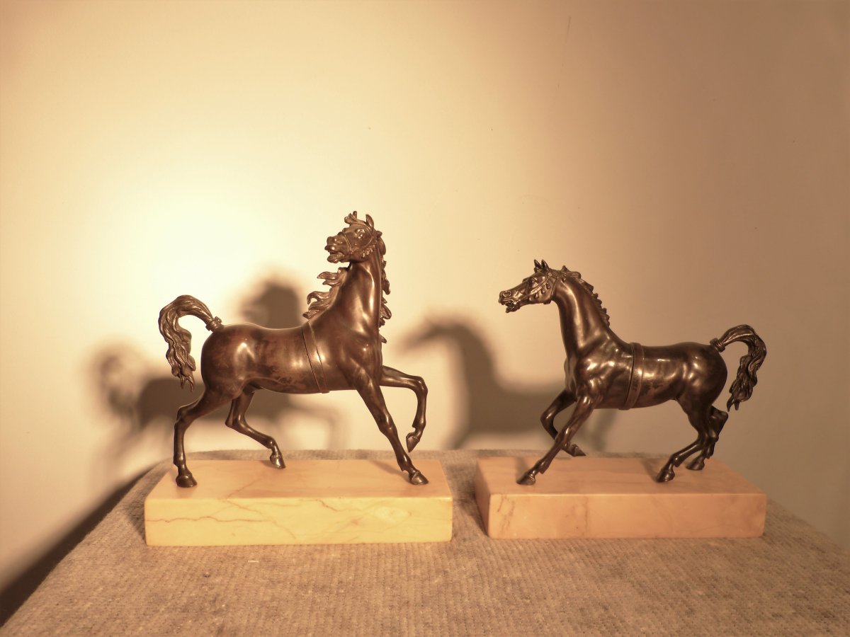 Paire De Bronzes Chevaux Sur Socles Marbre-photo-2