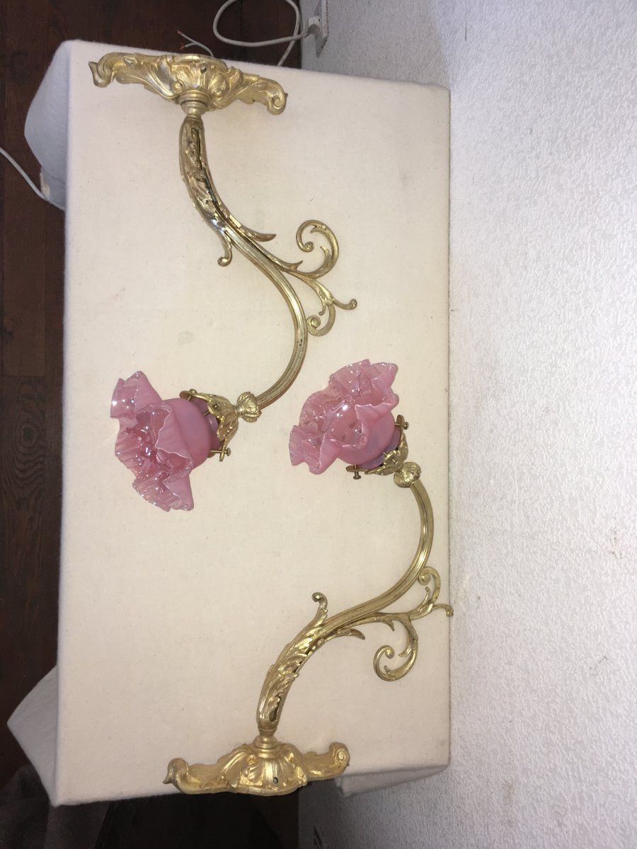 Pair Of Gilt Bronze Appliques, Pink Pearly Glass Tulips-photo-4