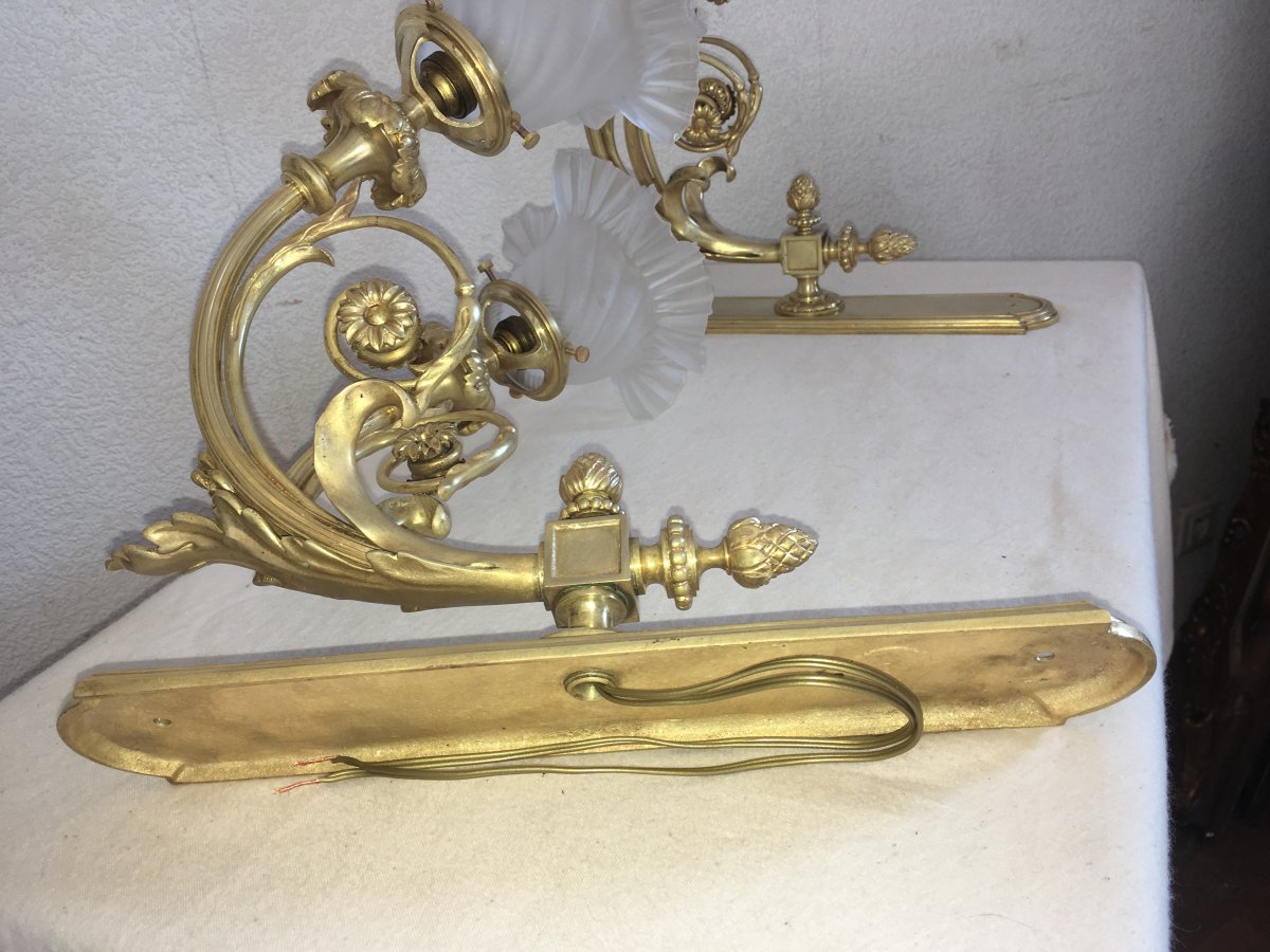 Beautiful Pair Of Double Gilt Bronze Sconces Signed Berlié Lyon-photo-4