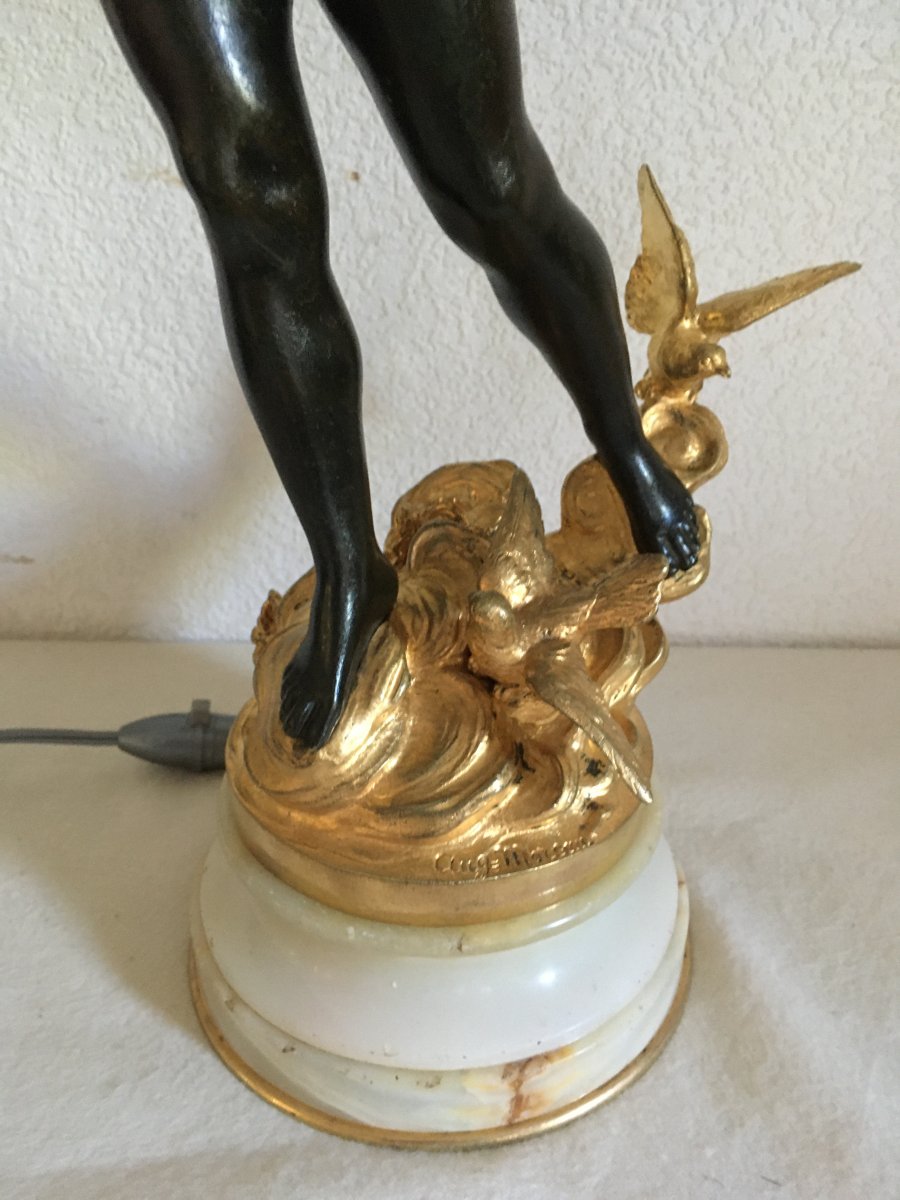 Auguste Moreau, Belle Lampe En Bronze 68 cm,  Au Chérubin -photo-4