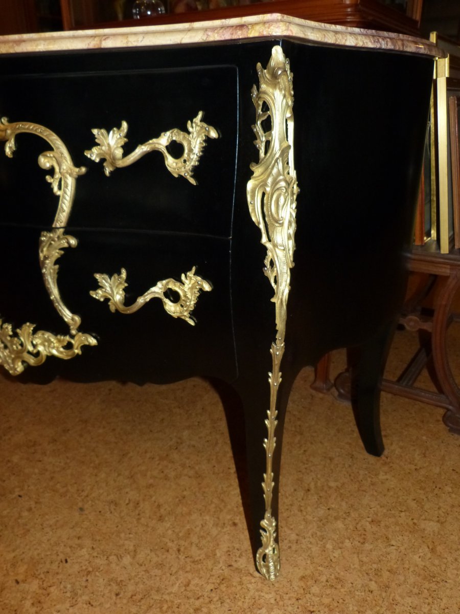 Louis XV Style Black Lacquered Commode Golden Bronzes-photo-3