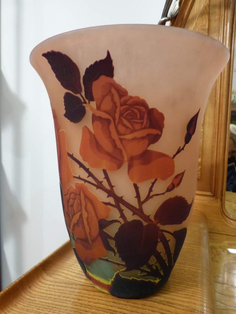 Müller Frères Lunéville, Art Nouveau Vase Engraved With Rose-photo-4