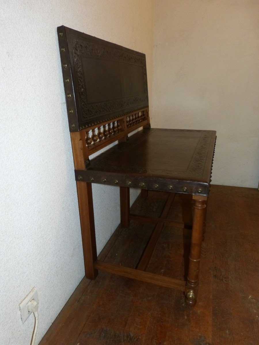 Small Leather Billiard Bench, Walnut Nineteenth-photo-2