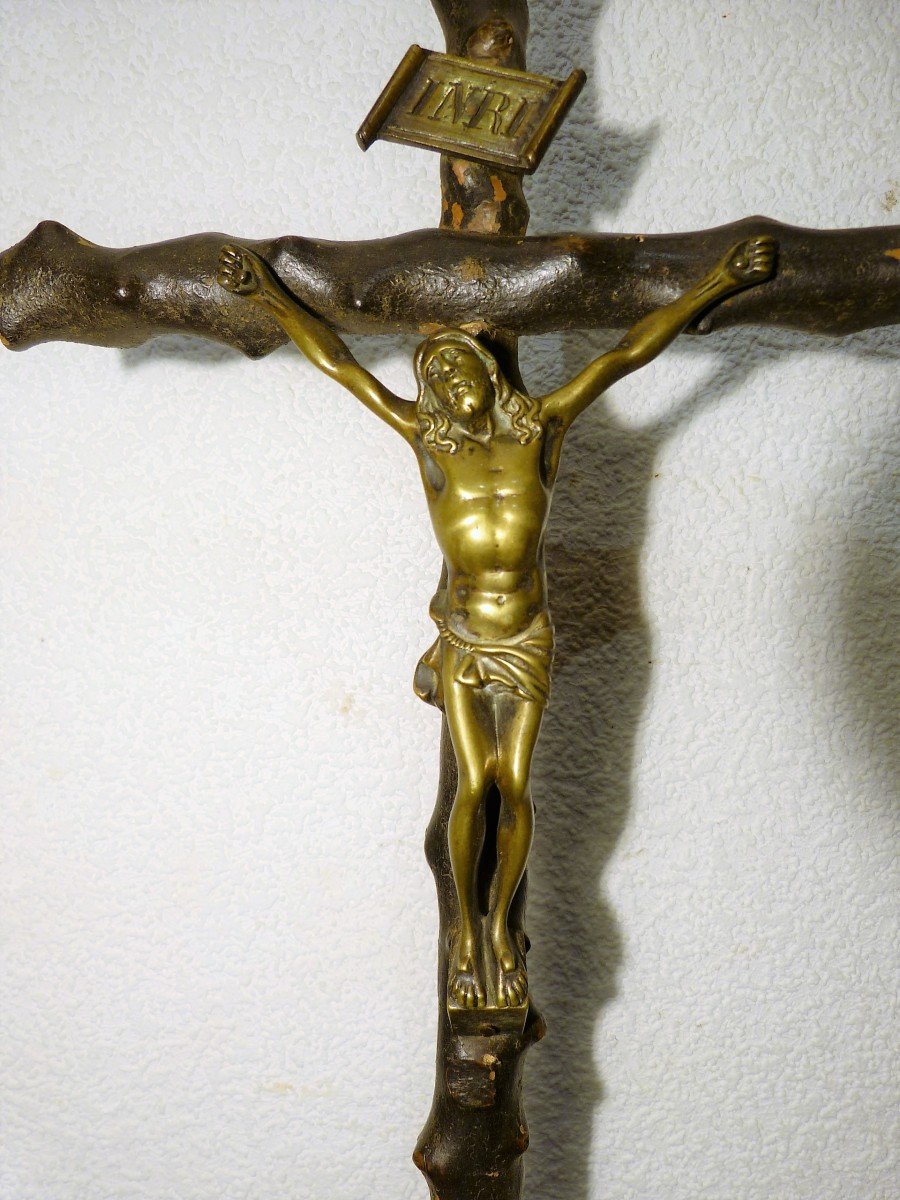 19th Folk Art, Christ In Cross In Bronze And Wood-photo-3