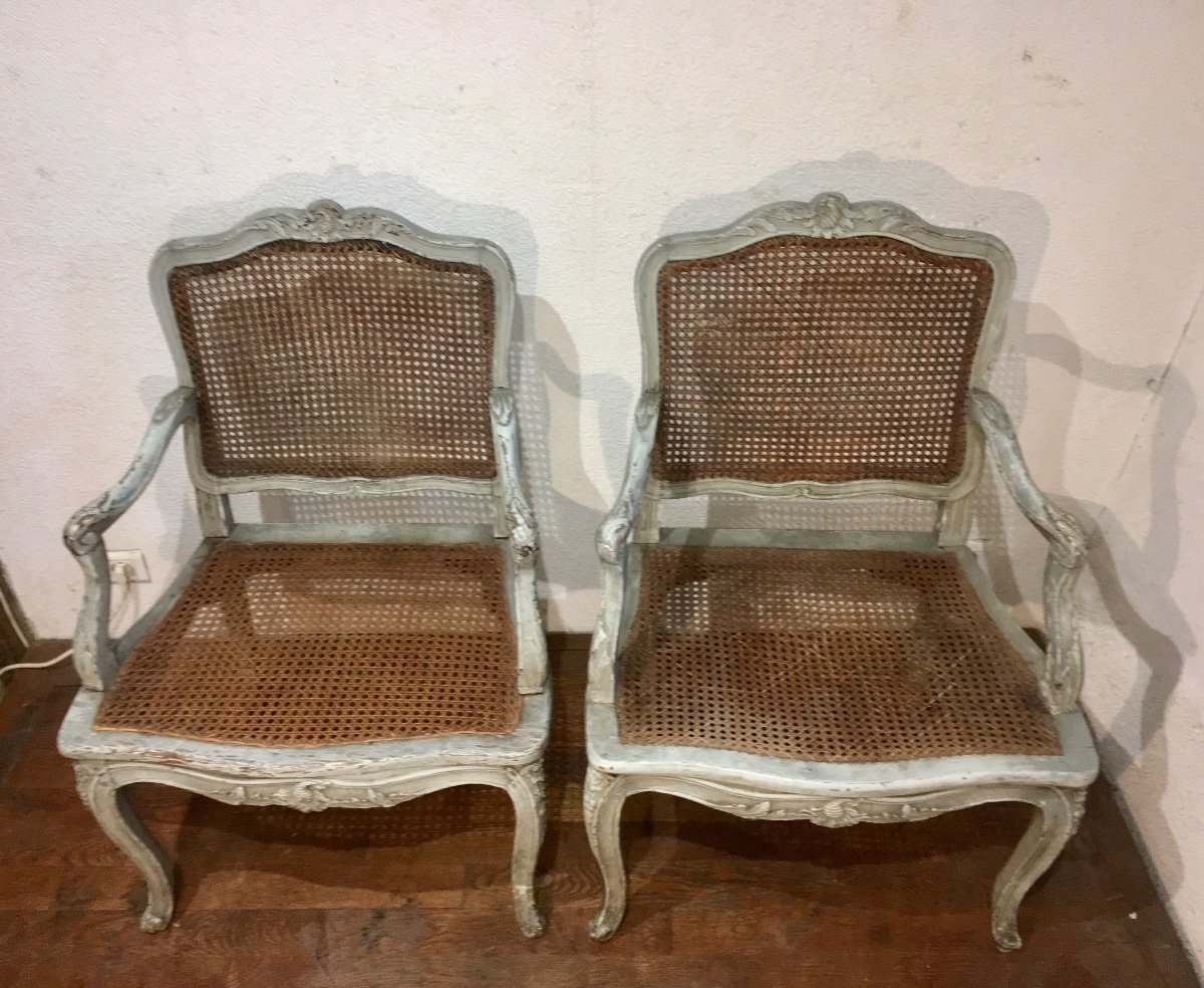 Pair Of Louis XV Lacquered Flat Back Armchairs 18 Eme Century-photo-2