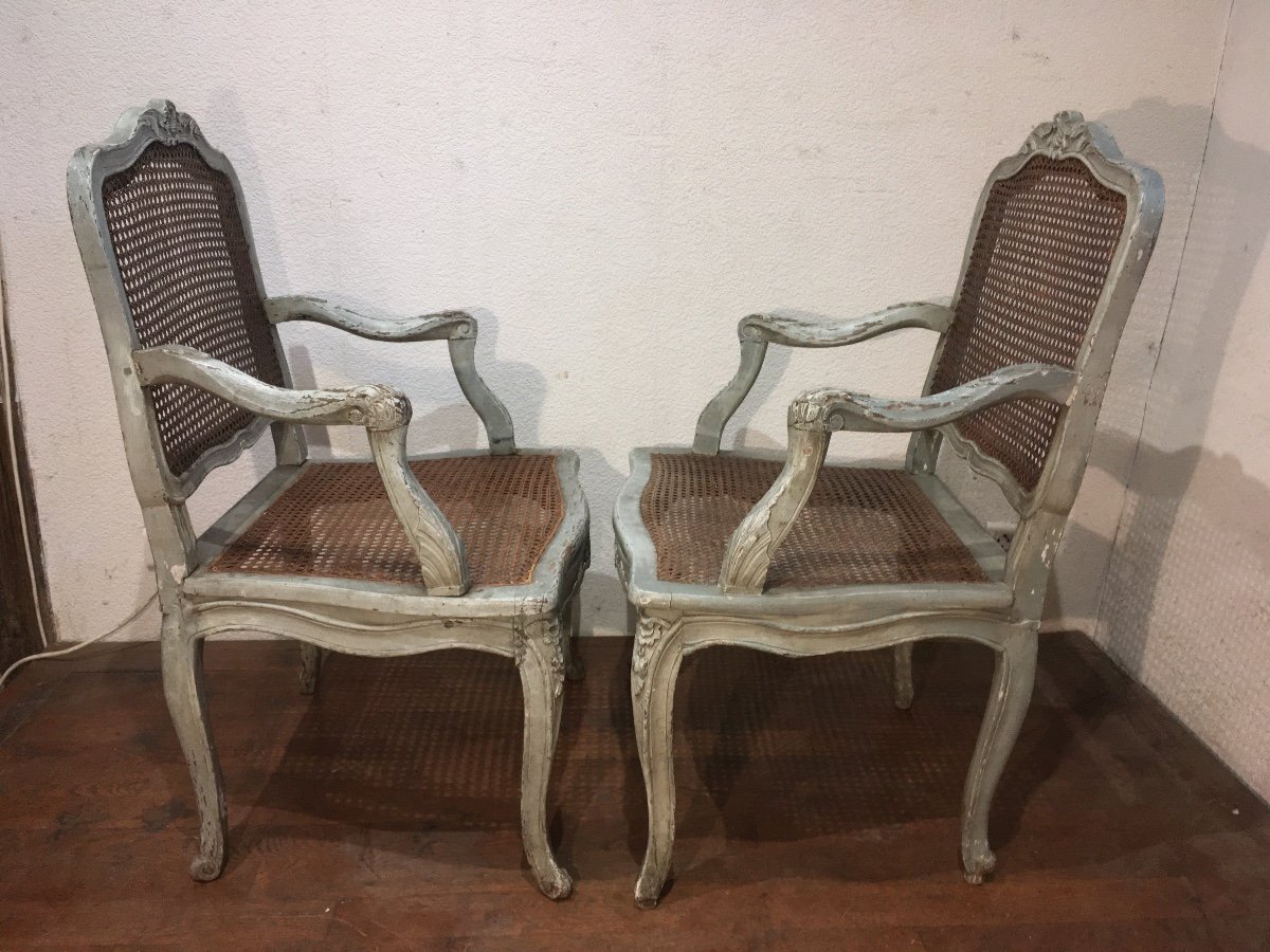 Pair Of Louis XV Lacquered Flat Back Armchairs 18 Eme Century-photo-3