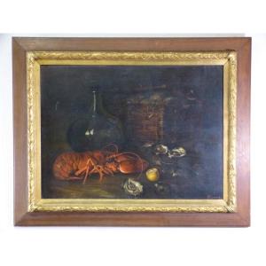 Still Life With Lobster Oysters Seafood Signed