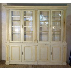 Large Lacquered Woodwork Bookcase With Pilasters Louis XVI Style Blown Glass