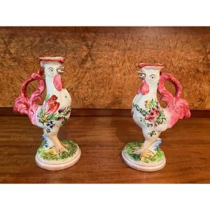 Pair Of Earthenware Roosters Candlesticks From Saint Clément Luneville