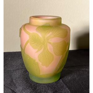 Emile Gallé, Petit Vase Orchidée Art Nouveau Vert Et Rose