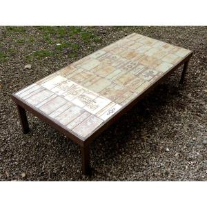 Roger Capron, Large Coffee Table In Incised Sandstone Bird Decor 1960s