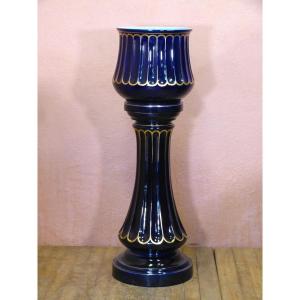 Cache Pot On Column In Blue And Gold Sarreguemines Earthenware