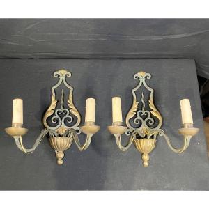 Pair Of Lacquered And Gilded Wrought Iron Sconces 1950s Neo-classical 
