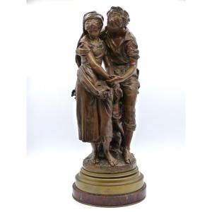 Mathurin Moreau Large Bronze 69 Cm With Two Figures Twisting Base Couple With Sheaf Of Wheat