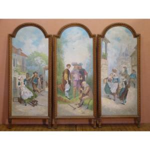 Breton Triptych Screen Breton Painting 19th