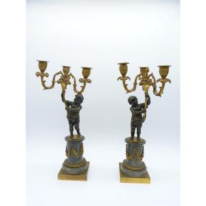 Pair Of Louis XVI Period Candelabra In Bronze And Gilt Bronze Turquin Blue Marble Bases