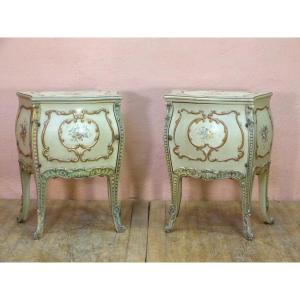 Pair Of Important Louis XV Style Lacquered Wood Bedside Tables Flower Decor Sofa End
