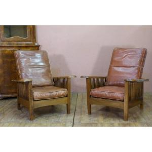 Pair Of Maurice Leather Armchairs With Reclining Backs