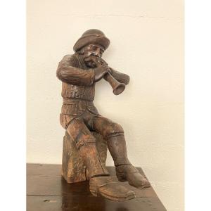 Breton Character Musician Figurehead 19th Century. Oak Sculpture Statue