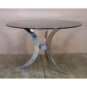 Gastone Rinaldi Table Ronde Design Pied Chrome Plateau Verre Fumé Diamètre 120 Cm Circa 1970