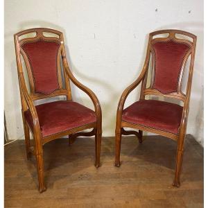 Pair Of Art Nouveau Armchairs From The Nancy School In Majorelle Gallé Ash 