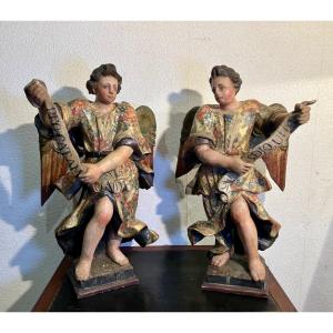 Important Pair Of Angels In Polychrome And Gilded Wood, 18th Century