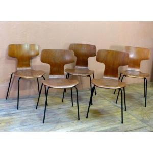 Arne Jacobsen Set Of 5 Hammer Chairs Model 3103 Edition Fritz Hansen In Teak