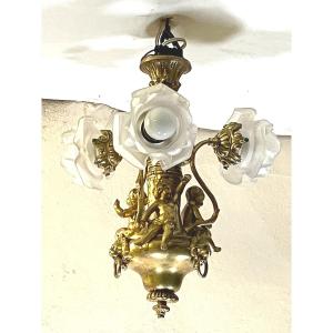 Beautiful Bronze Chandelier With Three Cherubs Napoleon III