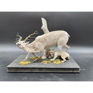 Workshop Model Small Sculpture In Composition On Base With Wheels Deer And Feline 