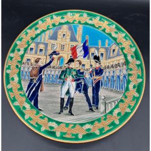 Grand Plat émaux De Longwy Napoléon Par Chevalier D’après Vernet Adieux De Fontainebleau 