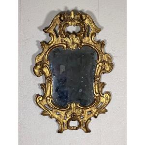 Petit Miroir Régence 84 cm époque 18 Eme En Bois Doré Tain Au Mercure 