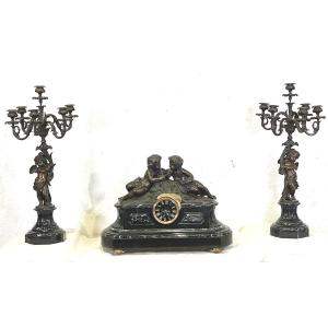 Mantelpiece Clock And Pair Of Napoleon III Bronze And Marble Cherub Candelabras 