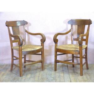 Beautiful Pair Of Straw Armchairs In Walnut With Cross, 19th Century Period