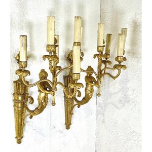 Pair Of Important Napoleon III Gilt Bronze Wall Lights With 5 Sirens 