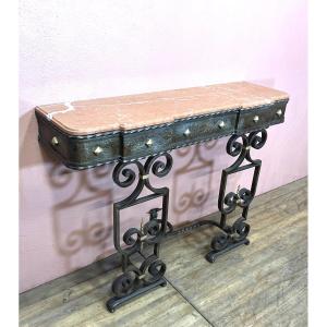 50s Wrought Iron Console Marble Top Dlg Poillerat 