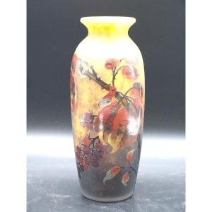 Vase Muller Frères Lunéville Au Framboisier Art Nouveau Verre Gravé Et émaillé Framboise 