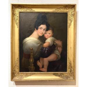 Beautiful And Large Empire Portrait Mother And Child Family Golden Frame 