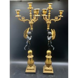 Pair Of Large Empire Candelabra Candlesticks Gilt And Patinated Bronze 19th Century