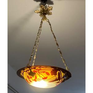 Emile Gallé Basin Suspension Chandelier Decor Nasturtiums Red And Yellow Art Nouveau 